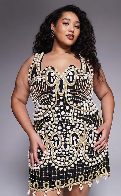 ASOS LUXE Curve embellished square neck mini dress in black