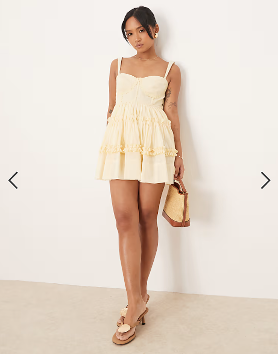 Lace & Beads Petite cotton corset ruffle mini dress in lemon