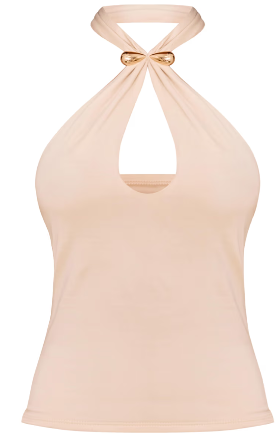 Plt - Cream Double Layer Soft Touch Trim Detail Halterneck Long Top