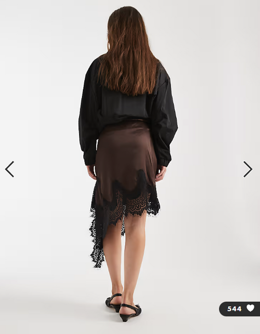 ASOS DESIGN satin asym lace trim mini skirt in chocolate