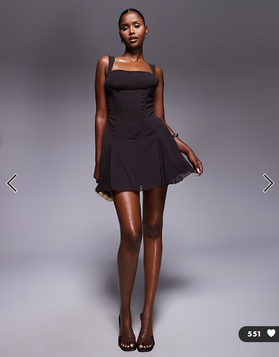 Murci exclusive chiffon corset waist pleated hem mini dress in chocolate