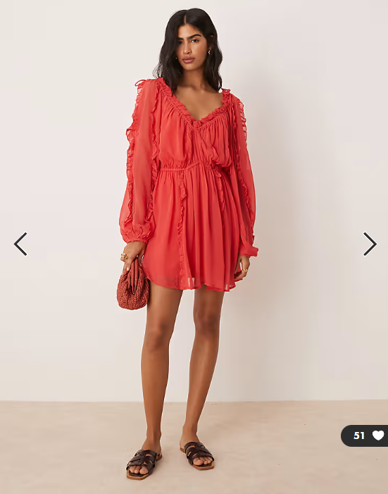 ASOS DESIGN ruffle v neck mini dress with tie front in red