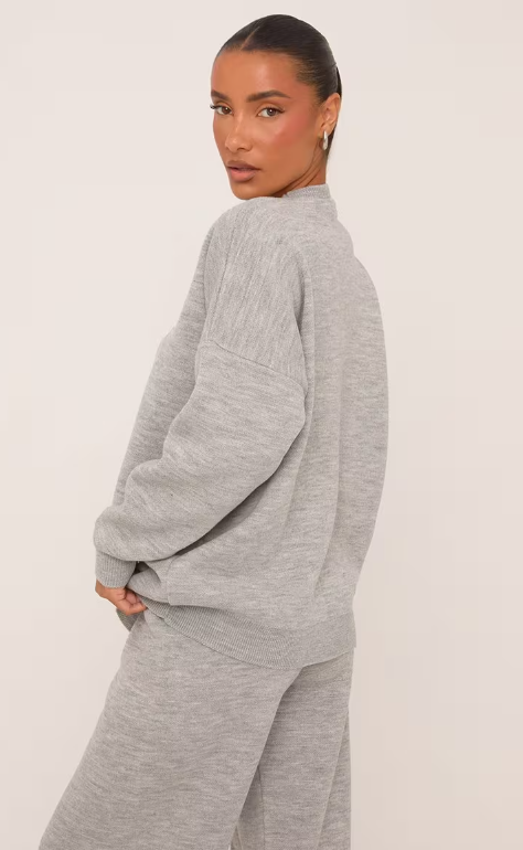 High Neck Oversized Contrast Swirl Detail Sweatshirt In Grey Marl Knit