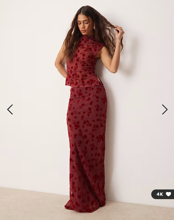 ASOS DESIGN flocked mesh low rise co ord maxi skirt in red