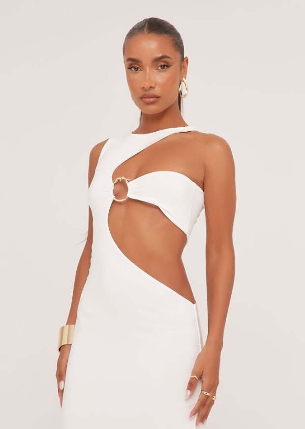 SLEEVELESS TEXTURED RING DETAIL CUT OUT MAXI DRESS IN WHITE SLINKY