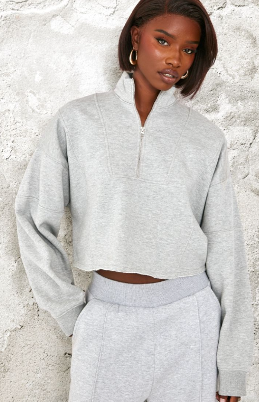 Tall Grey Marl Half Zip Crop Sweatshirt