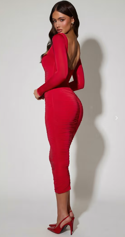 OhPolly - Layered Bra-Detail Ruched Midaxi Dress in Red