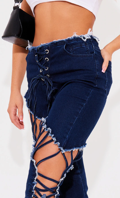 Indigo lace up extreme detail flared jeans