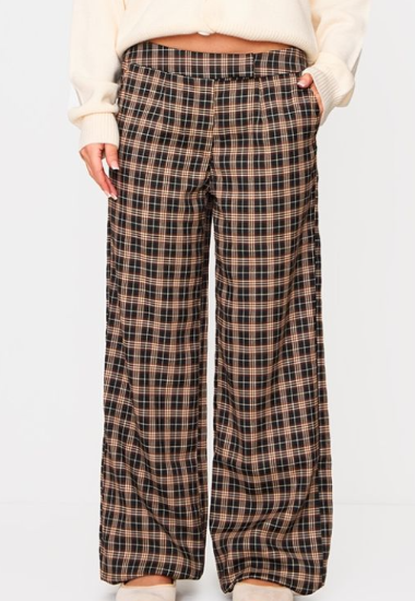 Plt - Petite Brown Check Print Woven Low Rise Wide Leg Trousers