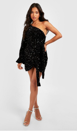 Boohoo - Shop Petite Velvet Sequin Asymmetric Wrap Dress