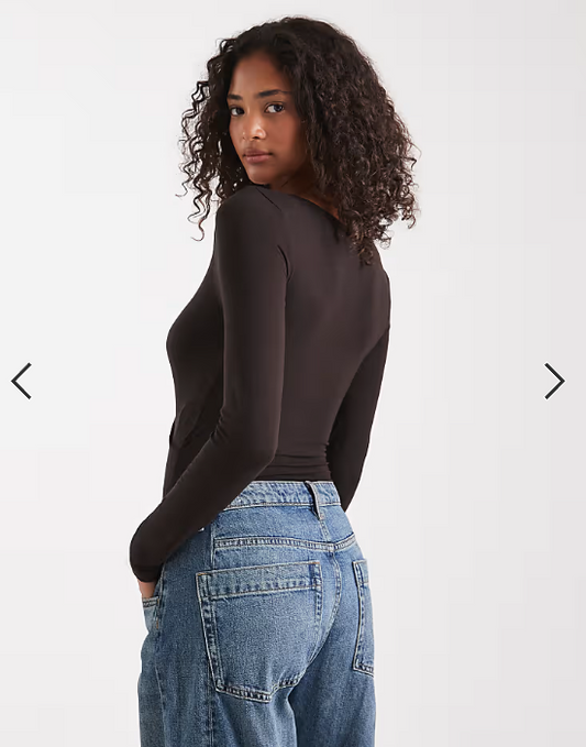 Miss Selfridge wrap long sleeve bodysuit in chocolate