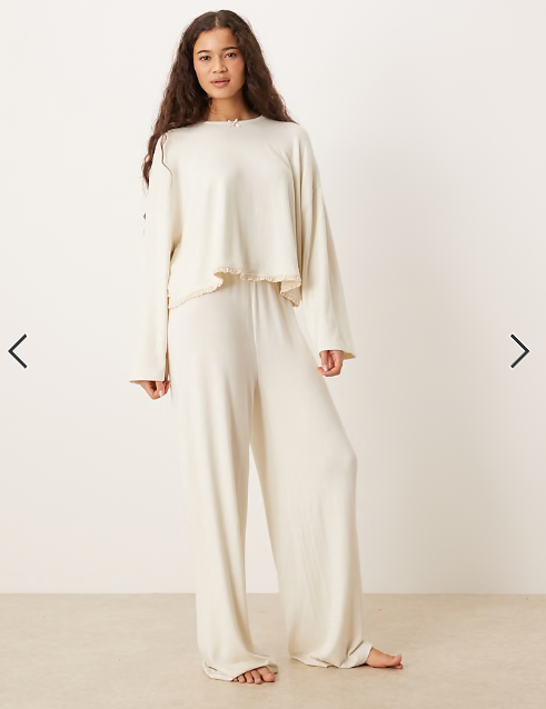 ASOS DESIGN soft jersey wide leg pyjama trouser with floral trim in cream