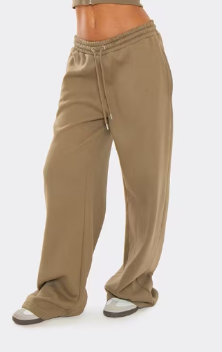 Drawstring Waist Wide Leg Joggers In Washed Khaki