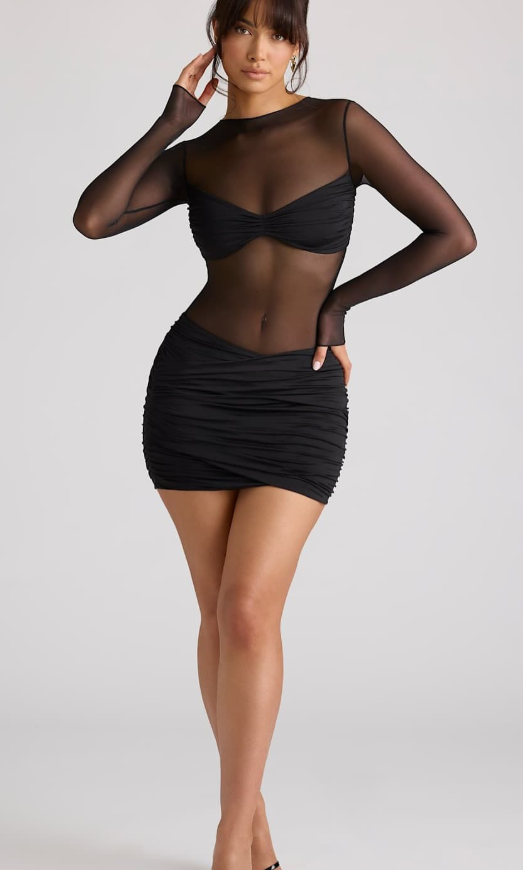 OhPolly-Sheer Panelled Long Sleeve Mini Dress in Black