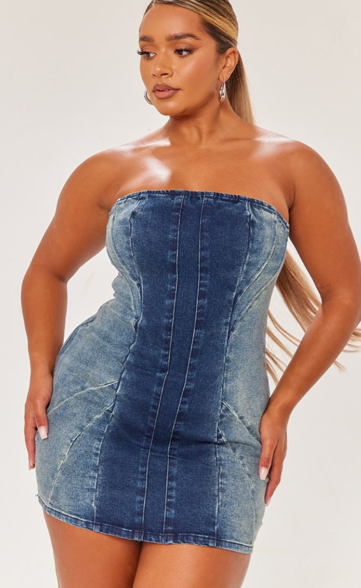 Shape Indigo Denim Seam Detail Bandeau Dress