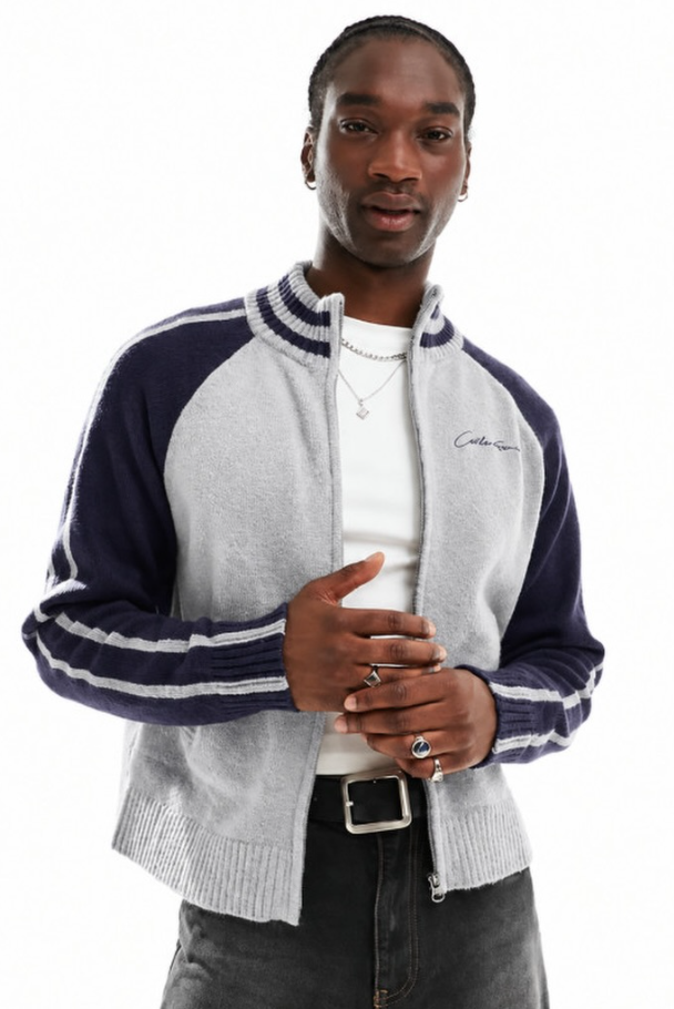 Collusion rugby zip through knit jumper in blue