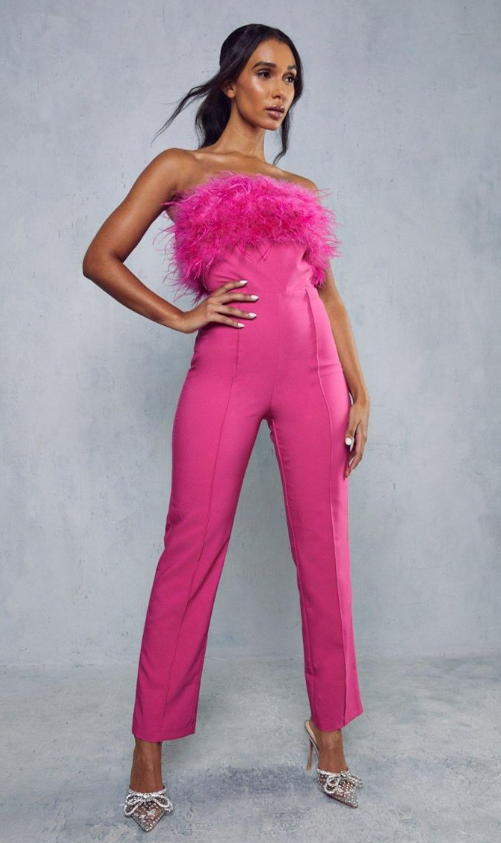 Premium Feather Trim Tailored Jumpsuit