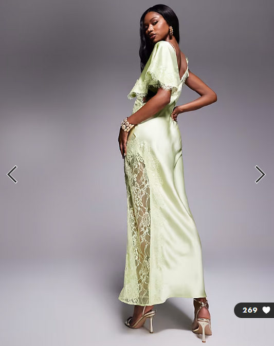 ASOS DESIGN satin one shoulder maxi dress with lace trim in sage green