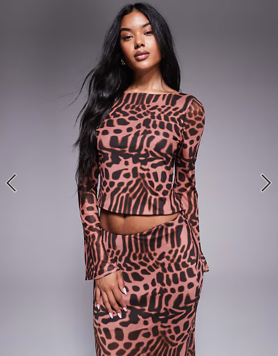 ASOS DESIGN co-ord mesh flare sleeve top in animal print