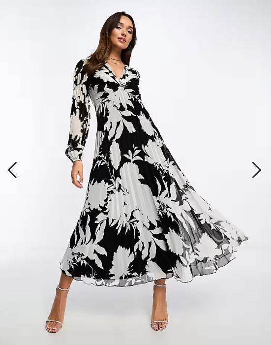 ASOS DESIGN pleated bodice plunge neck midi dress in mono floral print