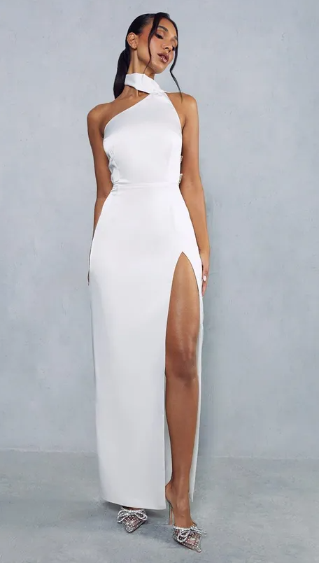 Premium Satin Diamante Drape Back Split Leg Maxi Dress