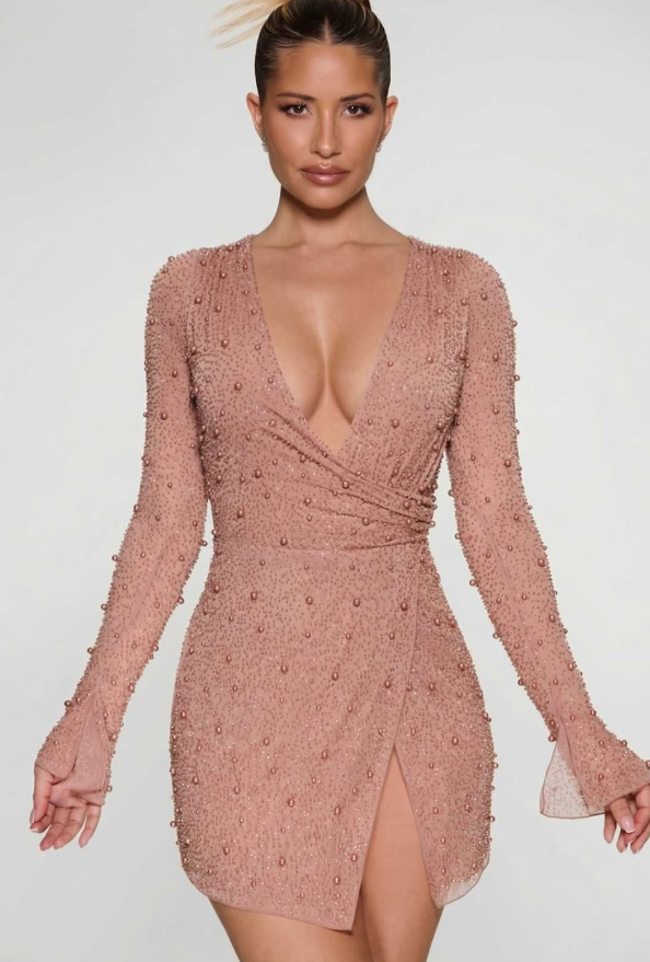 OhPolly-Embellished Wrap Over A-Line Mini Dress in Beige