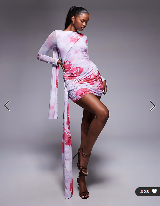 ASOS DESIGN mesh tie shoulder mini dress with knot drape detail in pink floral print