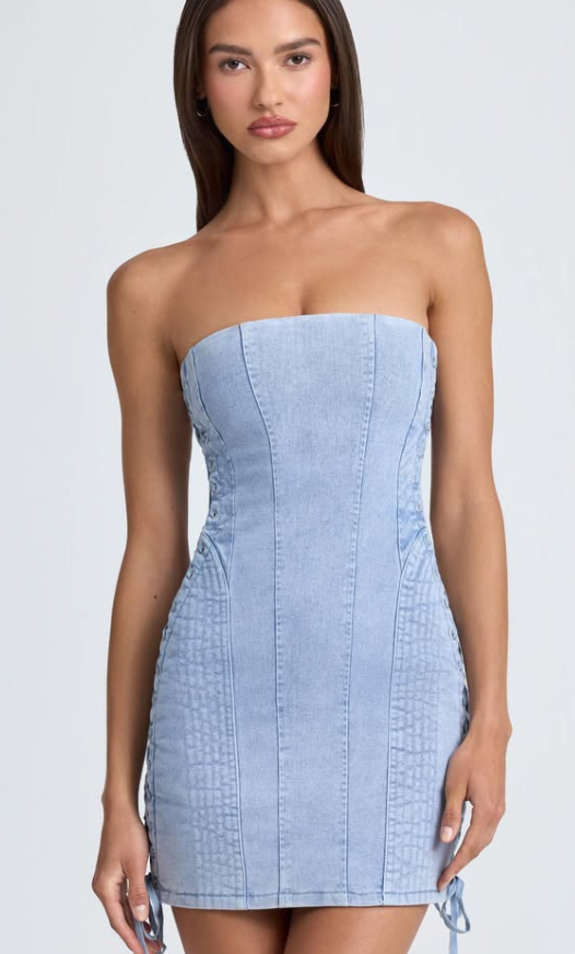 OhPolly- Bandeau Lace-Up Mini Dress in Light Blue Stonewash