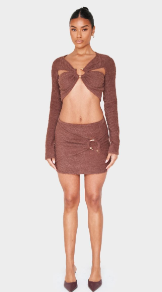 Chocolate Fluffy Textured Trim Detail Crop Top