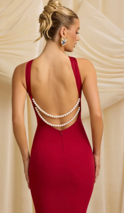 Oh Polly - Xanthia Pearl-Detail Halterneck Maxi Dress in True Red