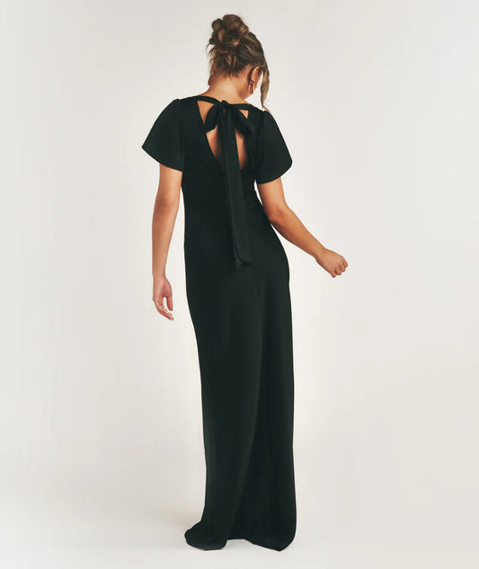 Six Stories - flutter Sleeve Tie Back Satin Bridesmaid Dress - Black