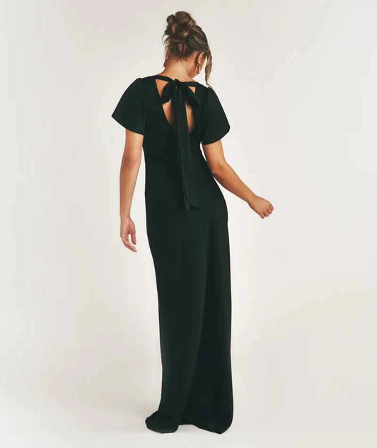Six Stories - flutter Sleeve Tie Back Satin Bridesmaid Dress - Black