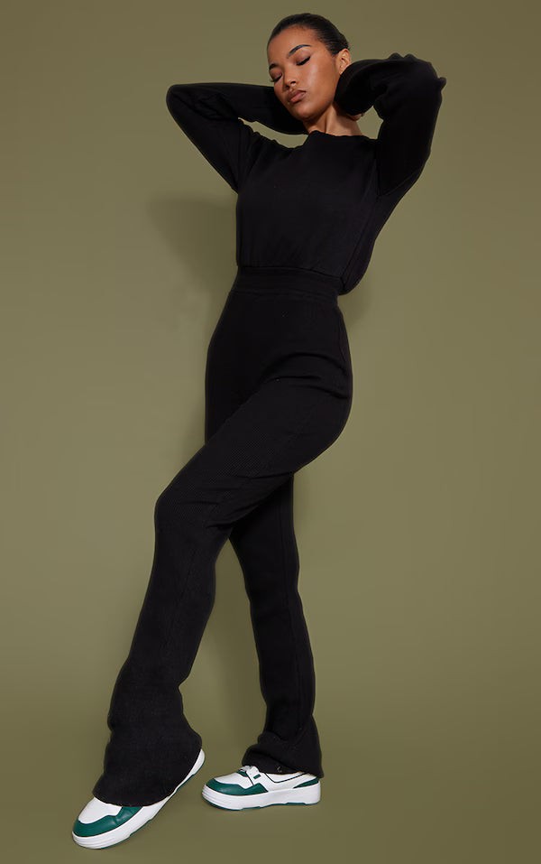 Black Sweat Bodice Crew Neck Rib Jumpsuit