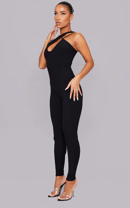 Black Slinky Asymmetric Strap Jumpsuit