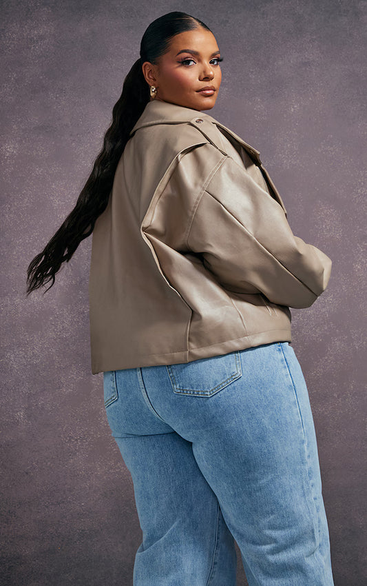 Plt - Plus Taupe Faux Leather Quilted Lining Oversized Biker Jacket