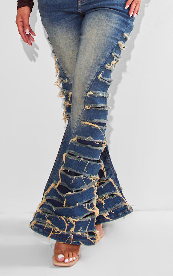 Shape Indigo Vintage Wash Denim Extreme Ripped Flare Jeans