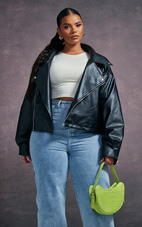 Plus Black Faux Leather Contrast Quilted Lining Oversized Biker Jacket