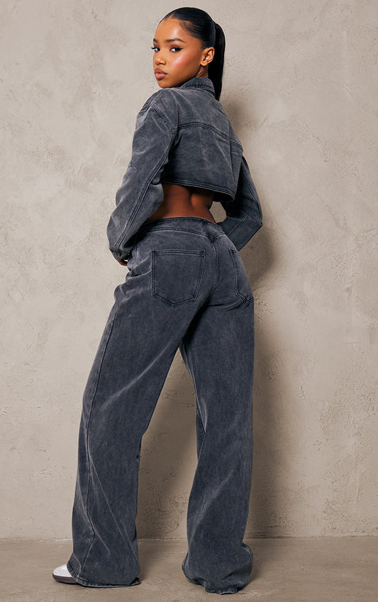 WASHED GREY CUT OUT FRAYED DETAIL DENIM JUMPSUIT