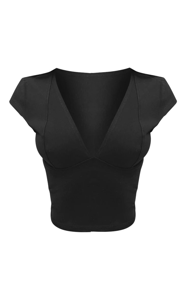 Petite Black Contour Sculpt V Neck Crop Top