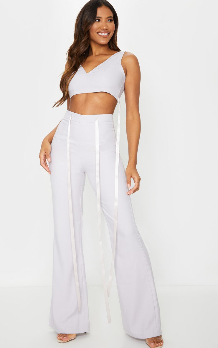 Light Grey Woven Plunge Satin Tie Detail Bralet
