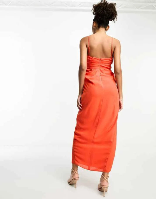 ASOS DESIGN drape cowl neck midi dress with split detail in red