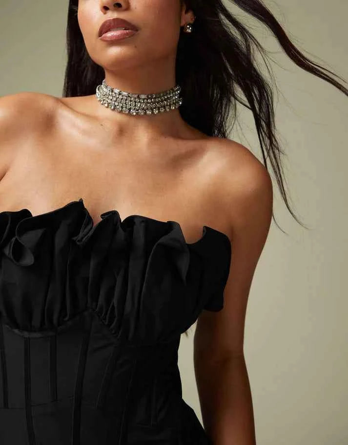 ASOS DESIGN exaggerated ruffle bandeau corset midi dress in black