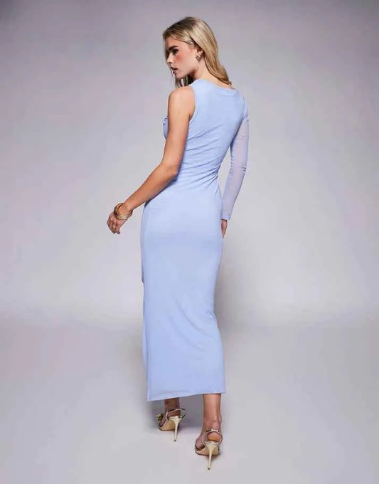 ASOS DESIGN Petite mesh one sleeve asymmetric midi dress with channelled strap detail in pale blue