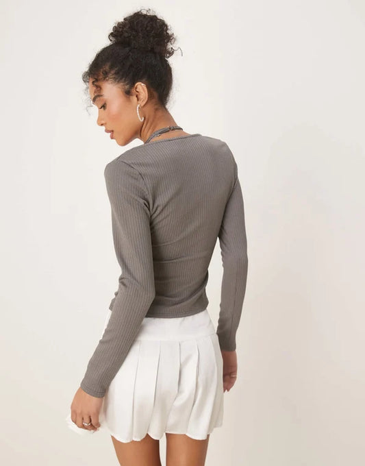 ASOS DESIGN rib halter neck long sleeve top in grey