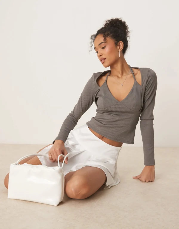 ASOS DESIGN rib halter neck long sleeve top in grey