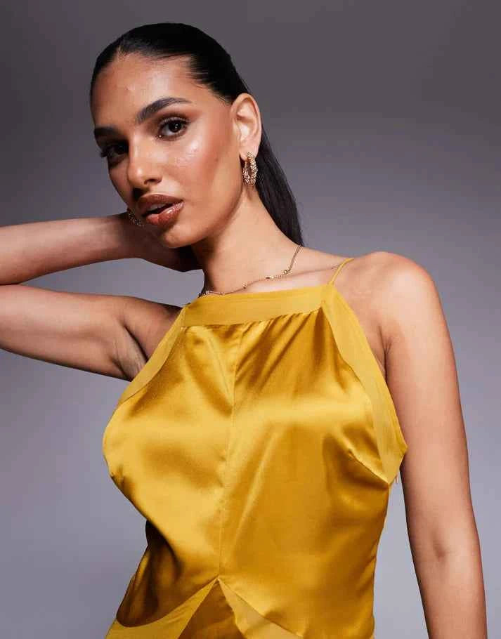 ASOS DESIGN satin chiffon mix square high neck maxi dress in gold
