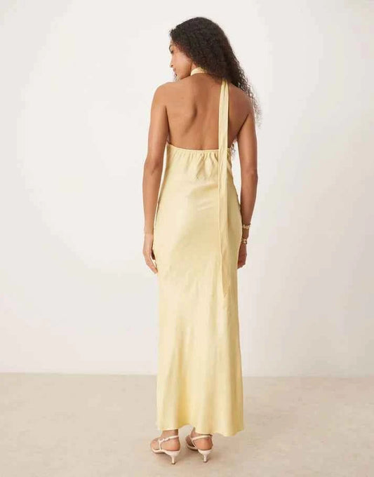ASOS DESIGN satin tie neck detail maxi slip dress in buttermilk