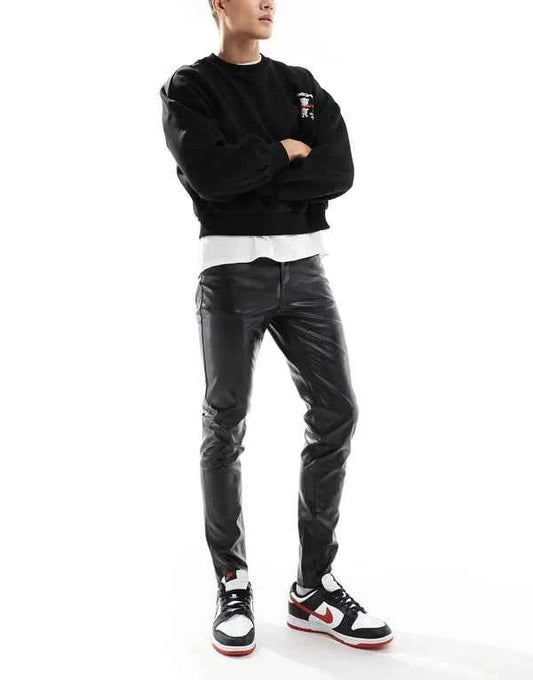 ASOS DESIGN skinny leather look trouser in black