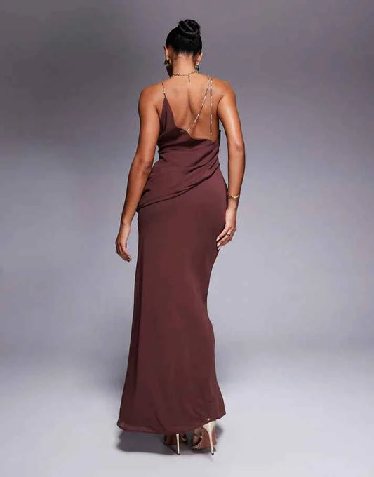 ASOS DESIGN wrap front maxi dress with embellished strap details in chocolate