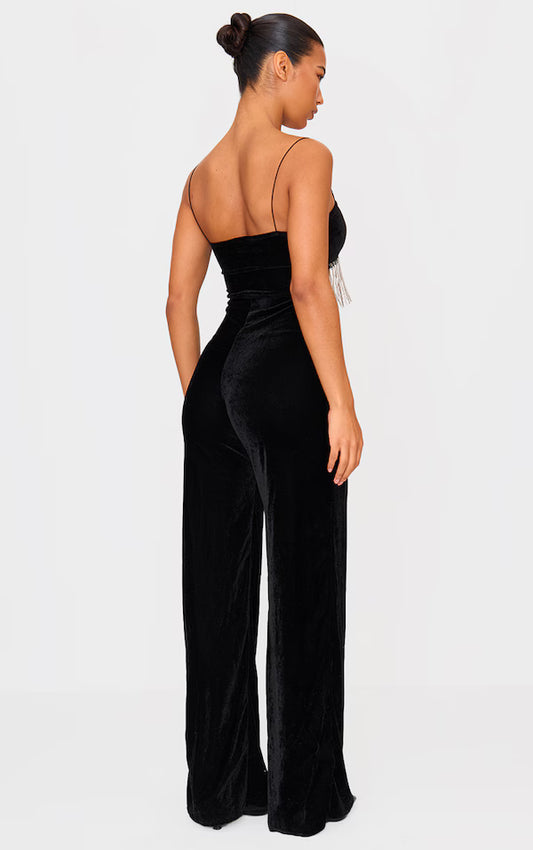 Black Velvet Diamante Tassel Cut Out Strappy Jumpsuit